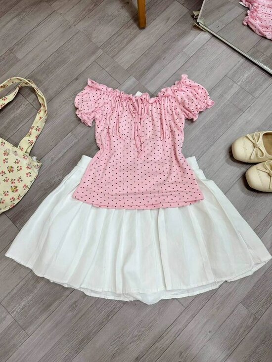 Tops - Pink Polka Dot Off Shoulder Top & White Pleated Skirt Set